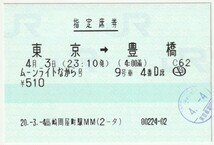 平成２０年４月３日　指定席券　ムーンライトながら号　東京→豊橋　３月４日高崎問屋町駅ＭＭ発行　00224-02（東京車掌区検札印）_画像1