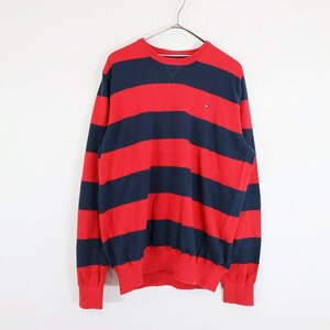 TOMMY HILFIGER トミーヒルフィガー ボーダー コットンニット セーター 防寒 ワンポイントロゴ レッド (メンズ L) 中古 古着 N6683