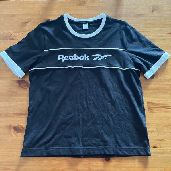 Reebok リーボック☆ホワイトパイピングロゴTシャツ☆ブラック☆Lサイズ