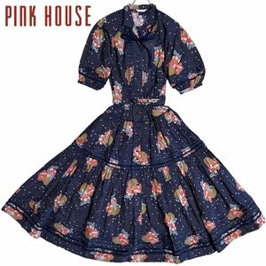 【美品】 PINK HOUSE ピンクハウス ロングワンピース 半袖 ドット柄 × 花柄 カネコイサオ ネイビー インゲボルグ