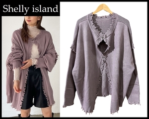 送無 G② 美品 Shelly island シェリーアイランド 2WAY ルーズ ダメージ 加工 ニット カーディガン セーター プルオーバー 紫 パープル F