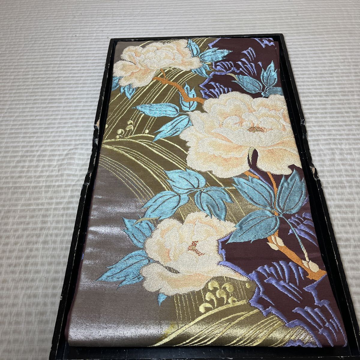 帯名古屋帯正絹流水牡丹枝葉六通柄赤紫色地着物和服和装着物コーデ
