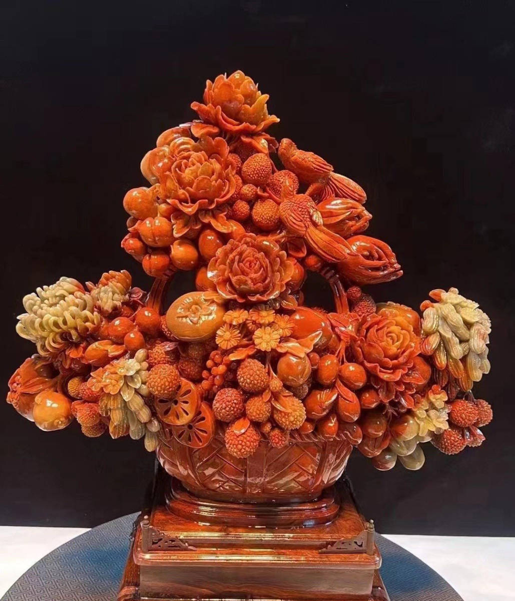 清代 極品天然五彩寿山石彫りの花開富貴 置物-