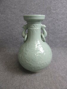 中国 陽刻文 花瓶 [B32861] 高さ39cm 直径24cm 花 青磁 花器 花生け 古美術