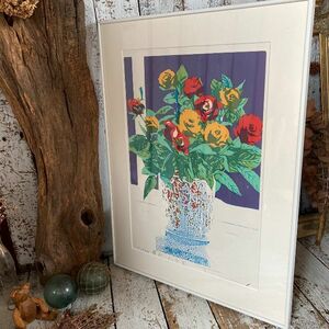 Art hand Auction Authenticity guaranteed * Rare * Medal with Navy Ribbon Awarded by Takeo Honma * Autographed Silk screen print 73/350 * Yellow rose * Framed * Art Art Art * Still life painting Flower * Painting, artwork, print, silk screen