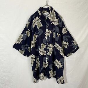 SUN CASUALS 半袖　総柄シャツ　古着　Lサイズ　ネイビー　ハワイアンシャツ