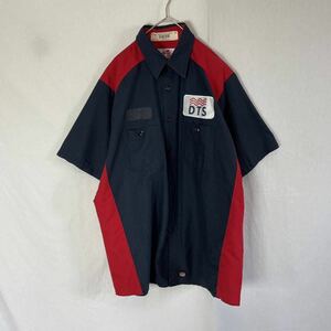 レッドキャップ　半袖ワークシャツ 古着　Lサイズ　ネイビー×レッド　ヴィンテージ WORKWEAR 企業ロゴ