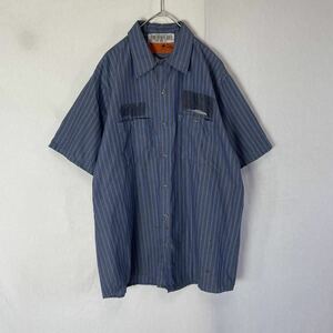 レッドキャップ　半袖ワークシャツ ストライプ　古着　Lサイズ　ブルー×グレー　ヴィンテージ WORKWEARw