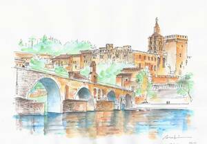 Art hand Auction Paysage urbain du patrimoine mondial, France, Pont d'Avignon et le Palais des Papes aquarelle F4, peinture originale, Peinture, aquarelle, Nature, Peinture de paysage