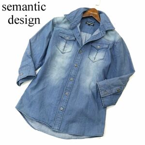 semantic design セマンティック デザイン 春夏 襟ワイヤー★ USED加工 7分袖 デニム ウエスタン シャツ Sz.M　メンズ　A3T09509_8#A