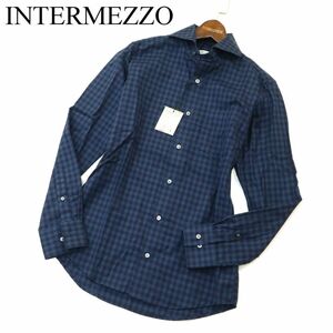 【新品 未使用】 INTERMEZZO インターメッツォ レナウン 長袖 ホリゾンタルカラー チェック シャツ Sz.S　メンズ ネイビー　A3T09514_8#C