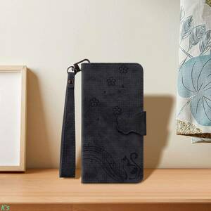 ブラック かわいい ねこ 手帳型 高品質 PUレザー Galaxy Z Fold 5 ギャラクシー 全面保護 財布型 スタンド機能 カード収納 ケース カバー