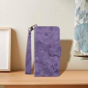 パープル かわいい ねこ 手帳型 高品質 PUレザー Galaxy Z Fold 5 ギャラクシー 全面保護 財布型 スタンド機能 カード収納 ケース カバー