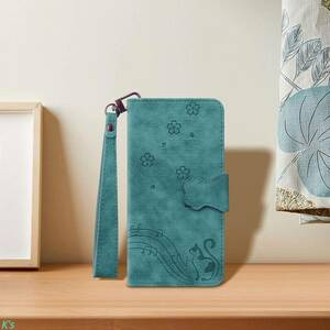 グリーン かわいい ねこ 手帳型 高品質 PUレザー Galaxy Z Fold 5 ギャラクシー 全面保護 財布型 スタンド機能 カード収納 ケース カバー