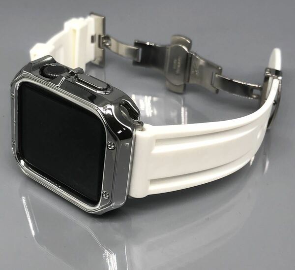 ホワイト シルバー アップルウォッチバンド ラバーベルト Apple Watch カバー　ケース メンズ レディース 38mm 40mm 41mm 42mm 44mm 45mm
