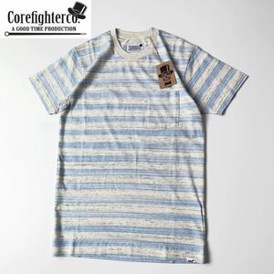 希少 タグ付き デッドストック COREFIGHTER コアファイター シングルステッチボーダーTシャツ S オートミール×ブルー 現BELAFONTE ポケT