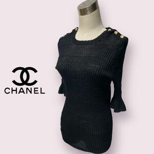 CHANEL シャネル 金釦 フレアスリーブ 薄手 サマーニット 黒 ブラック size:42 透け感あり