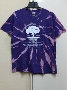 [送料無料](t23f1)L樹木イラストファミリーレユニオンusaアメリカ輸入古着半袖プリントTシャツブリーチタイダイ柄