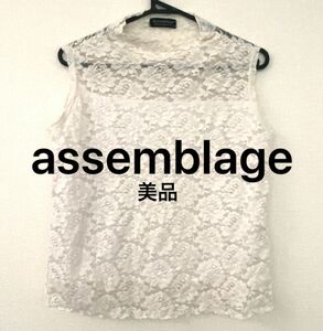 美品 assemblage ノースリーブ 総レース トップス カットソー S M F シースルー アッサンブラージュ ホワイト 白