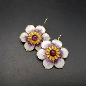  gorgeous amethyst flower Vintage silver hook earrings silver skill white / purple enamel floral flower 8g 8Y-R