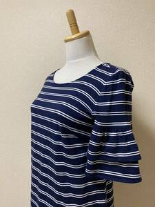 TOMMY HILFIGER トミーヒルフィガー M ★USED★ 可愛い ボーダーワンピース 半袖 お袖 ふんわり ネイビー ホワイト 夏休み