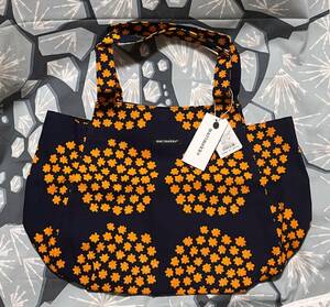 マリメッコ marimekko★HUVITAS PUKETTI フヴィトゥス プケッティ★廃盤 トートパッグ（縦33・横50cm）★定価19,250円★ネイビーｘオレンジ