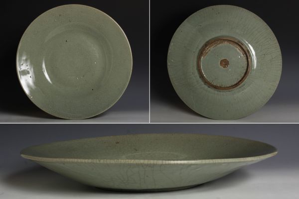 何でも揃う NK25942 中国陶器 明代 青磁盤 28cm 大皿 大盤 検:青磁 青瓷 青磁