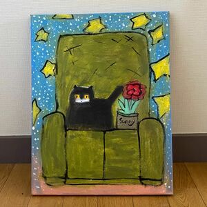 絵画。原画☆キャンバスF6【猫ちゃんはソファーに座って美しい星空を楽しんでいる】