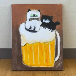 絵画。原画☆キャンバスF6【かわいい猫2匹とビールを飲みます】