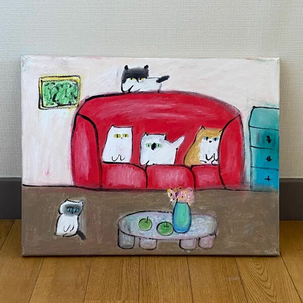 絵画。原画☆キャンバスF6【猫たちはソファーで楽しくゲームをしている】