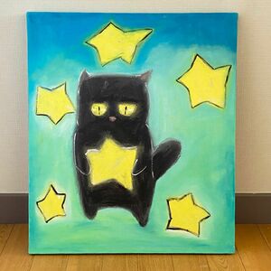 絵画。原画☆キャンバス F10【夜、黒猫が星を抱いて願い事をする】