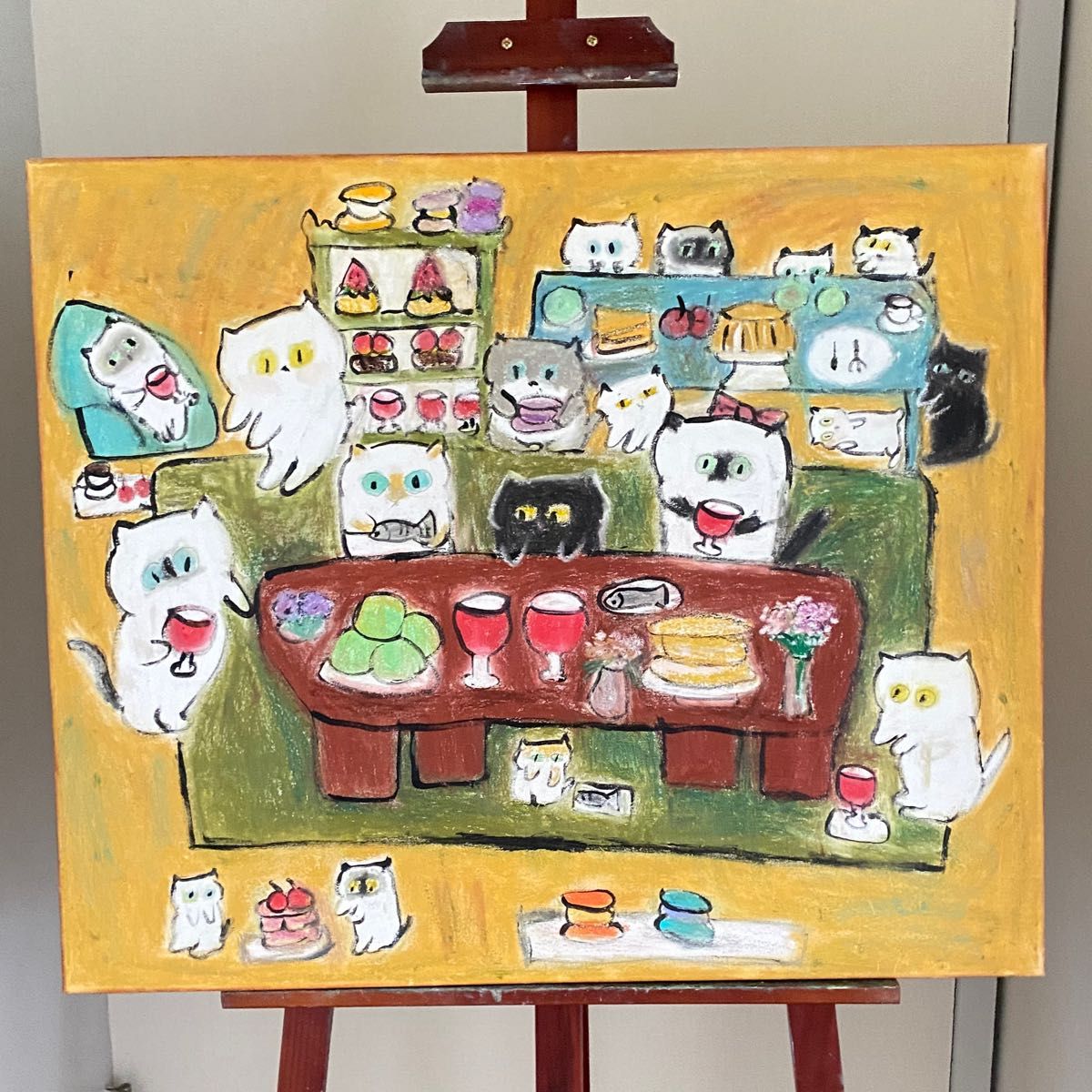 絵画 原画 キャンバスF6【黒猫は白猫とデートして美味しいケーキを食べ