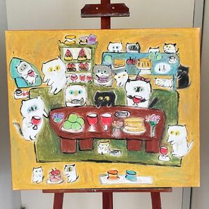 絵画。原画☆キャンバスF20【猫ちゃんたちは楽しくワインパーティーに参加します】