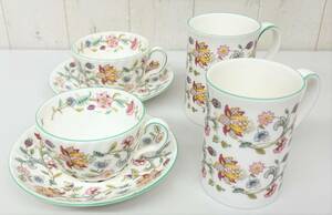 MINTON ミントン HADDON HALL ハドンホール ＊グリーントリム 花柄 ＊ティーカップ ソーサー マグカップ ＊各2客 英国製 テーブル 陶芸