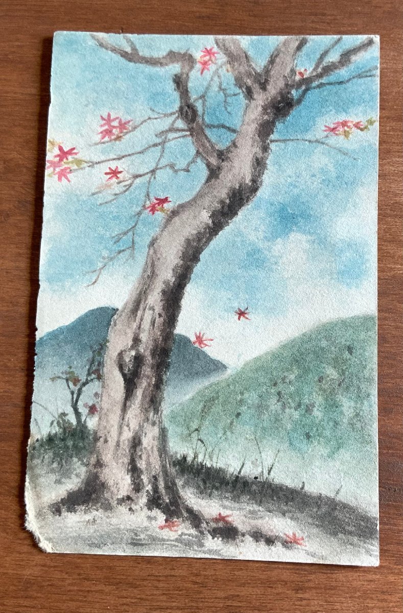 FF-6269 ■Shipping included■ Autumn leaves Tree Mountain Landscape Painting Landscape Scenery Hand-painted Handmade Picture Painting Artwork Prewar Entire Postcard Photo Old Photograph/KNAra, printed matter, postcard, Postcard, others