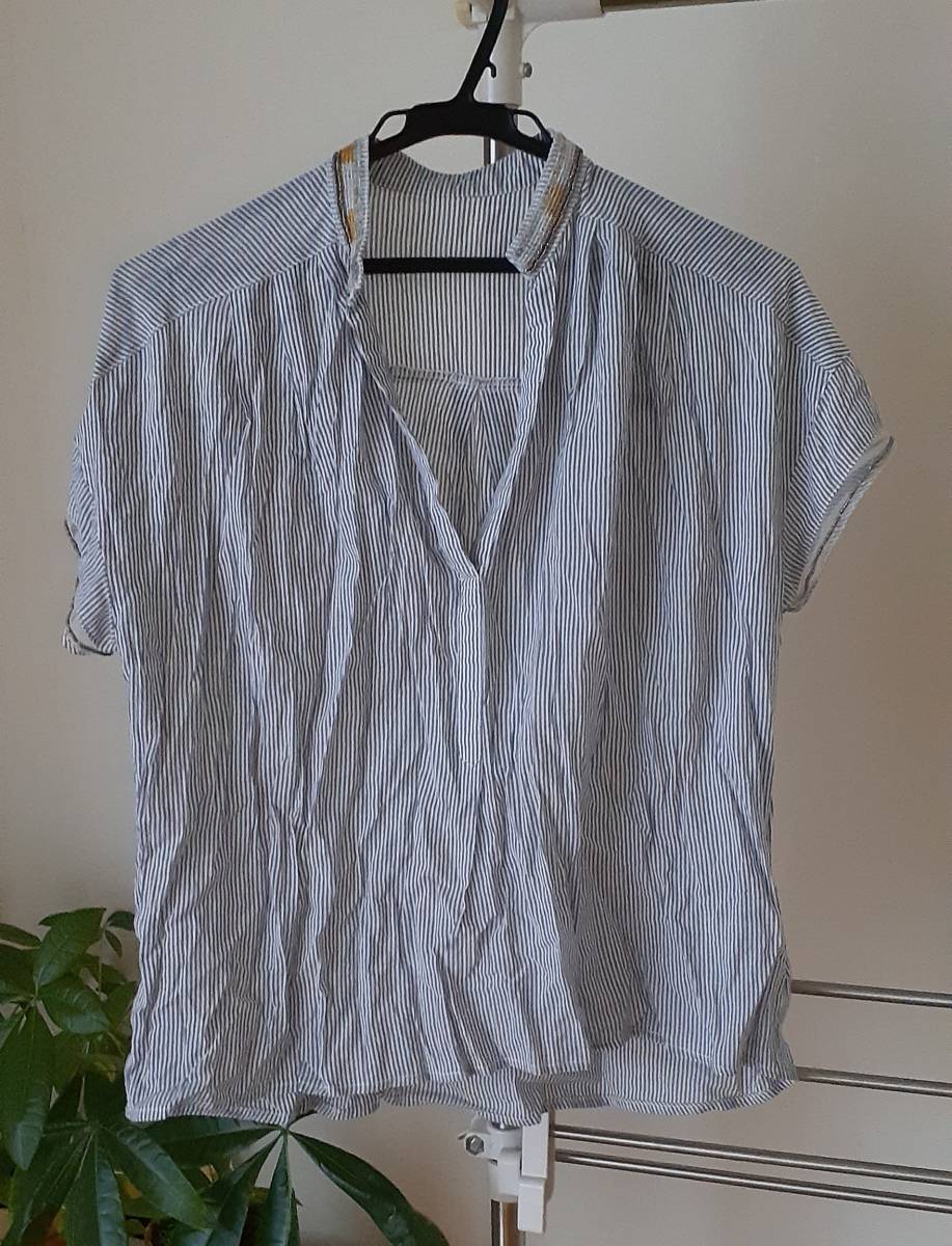 ■送料無料！細ストライプにキラキラ☆ビーズ飾り付きチュニック（ゆったりM）