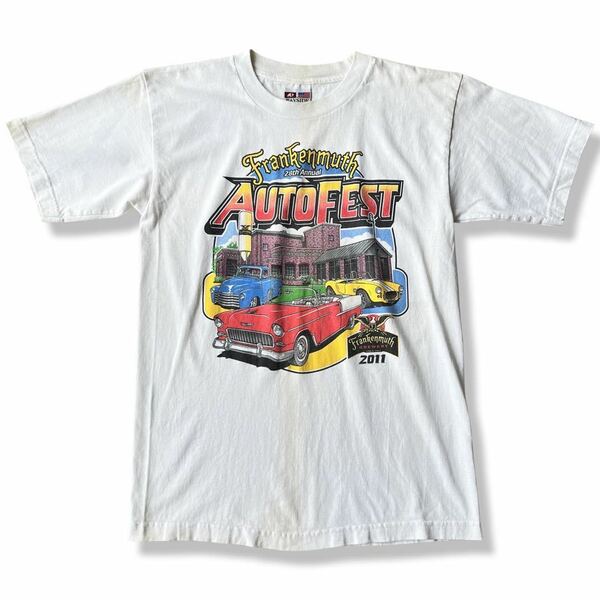 【2011年製】AUTOFEST クラシックカー プリントTシャツ M USA製 白 ヘビーウェイト 車 イラストプリント アメカジ 半袖Tシャツ 古着