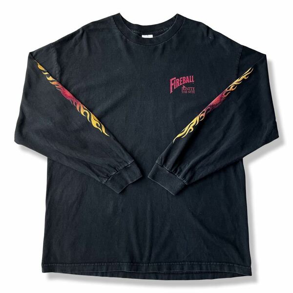 【00s】ALSTYLE(アルスタイル) FIREBALL ファイヤーパターンロゴ プリントTシャツ XL 黒 AAAタグ ウィスキー 企業ロゴ 長袖Tシャツ 古着
