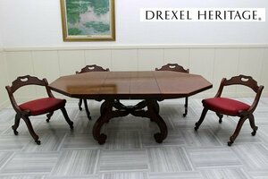 豪華！最高級 ドレクセルDREXEL HERITAGE ダイニング5点セット！エクステンション 伸張式 テーブル 食卓机 チェア椅子×4脚 アンティーク