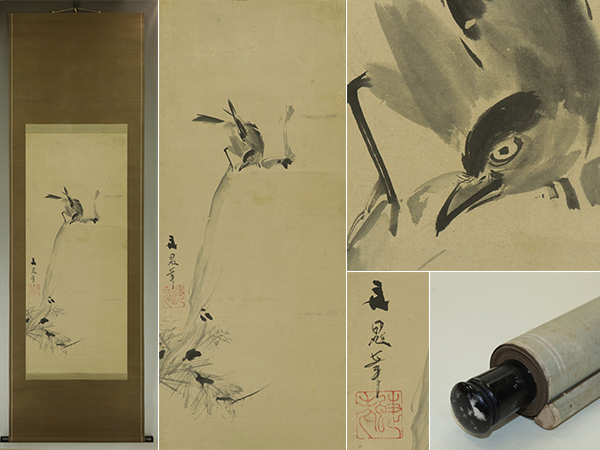 [Authentique] Tani Buncho [Peinture à l'encre d'une branche et d'un oiseau] ◆Livre papier◆Boîte◆Parchemin suspendu t04125, Peinture, Peinture japonaise, Fleurs et oiseaux, Faune