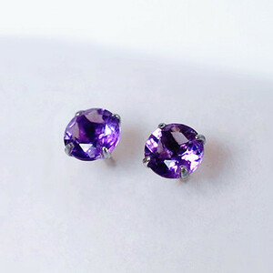  one bead stone largish 5mm 2 month birthstone amethyst 4ps.@ nail silver 925 earrings 
