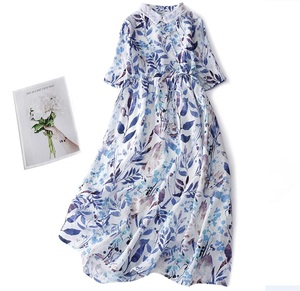  new arrival * One-piece lady's maxi height large size cotton flax pretty commuting put on floral print short sleeves long One-piece easy * blue 