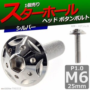 M6×25mm P1.0 ボタンボルト スターホールヘッド ステンレス 車/バイク/自転車 ドレスアップ パーツ シルバー 1個 TR0222