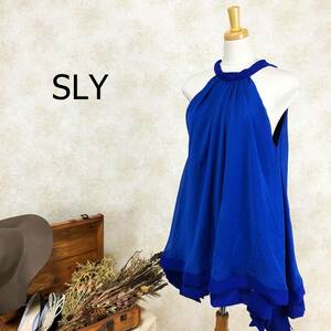 スライ SLY ドレス サイズフリー ブルー シフォン ひざ上丈 リボン ホルターネック ノースリーブ かわいい ドレープ B-372