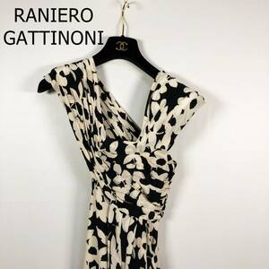 RANIERO GATTINONI ドレス サイズ40 S ベージュ イタリア製 花 花柄 フリル 変形ドレス ストレッチ 肩パッド B-545