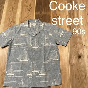 90s Cooke street クックストリート USA製 アロハシャツ 半袖 コットンポリ 開襟 ライトブルー ヨット 総柄 サイズL 玉mc2016