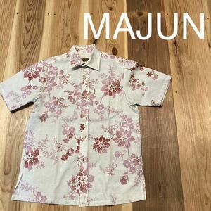 MAJUN マジュン かりゆしウェア アロハシャツ 半袖 花柄 ハイビスカス ピンク 日本製 サイズS 玉mc2019