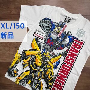 新品ライセンス商品 XL/150相当　白ロゴ半袖Tシャツ トランスフォーマーバンブルビーオプティマスプリントTRANSFORMER