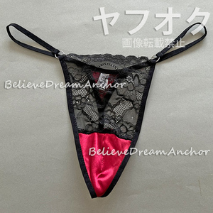 *即決*新品*332*レース＆サテン メンズ セクシーＴバック ショーツ*黒ｘ赤*Ｇストリング ビキニ パンツ マイクロミニ ボディビル 下着