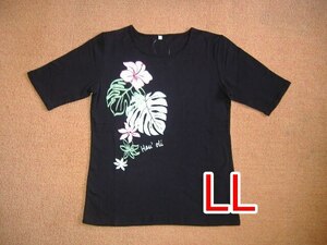 ５分袖Ｔシャツ★ハイビスカス＆モンステラ★黒★ＬＬサイズ